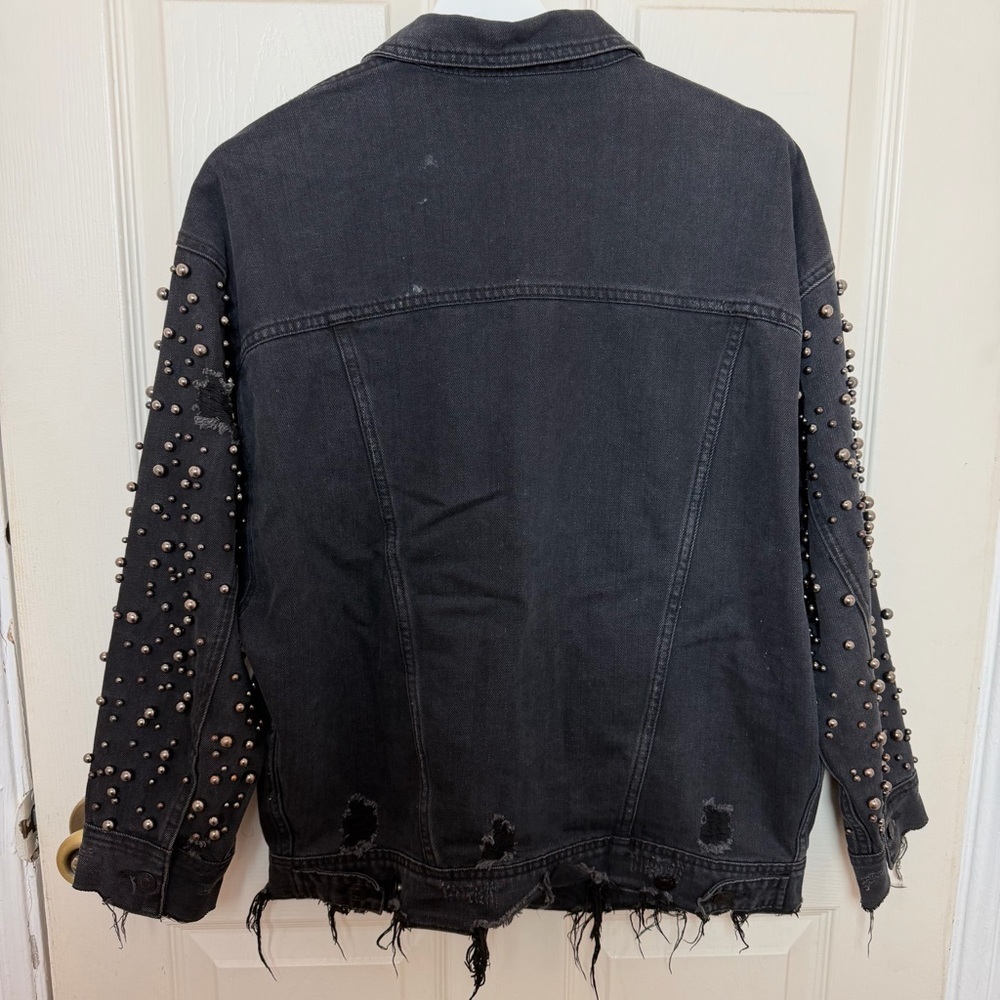 Black Studded Denim Bomber Jacket - Women - Picture 6 of 8